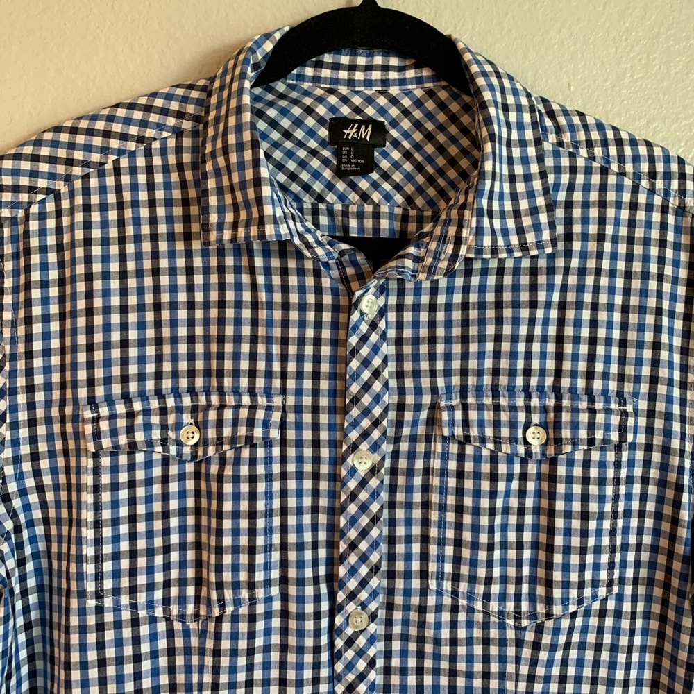 H&M Blue & White Gingham Print Short Sleeve Shirt